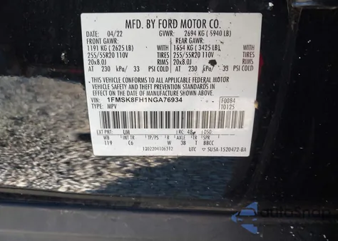 2022 Ford Explorer Limited z USA, uszkodzony, nr VIN 1FMSK8FH1NGA76934